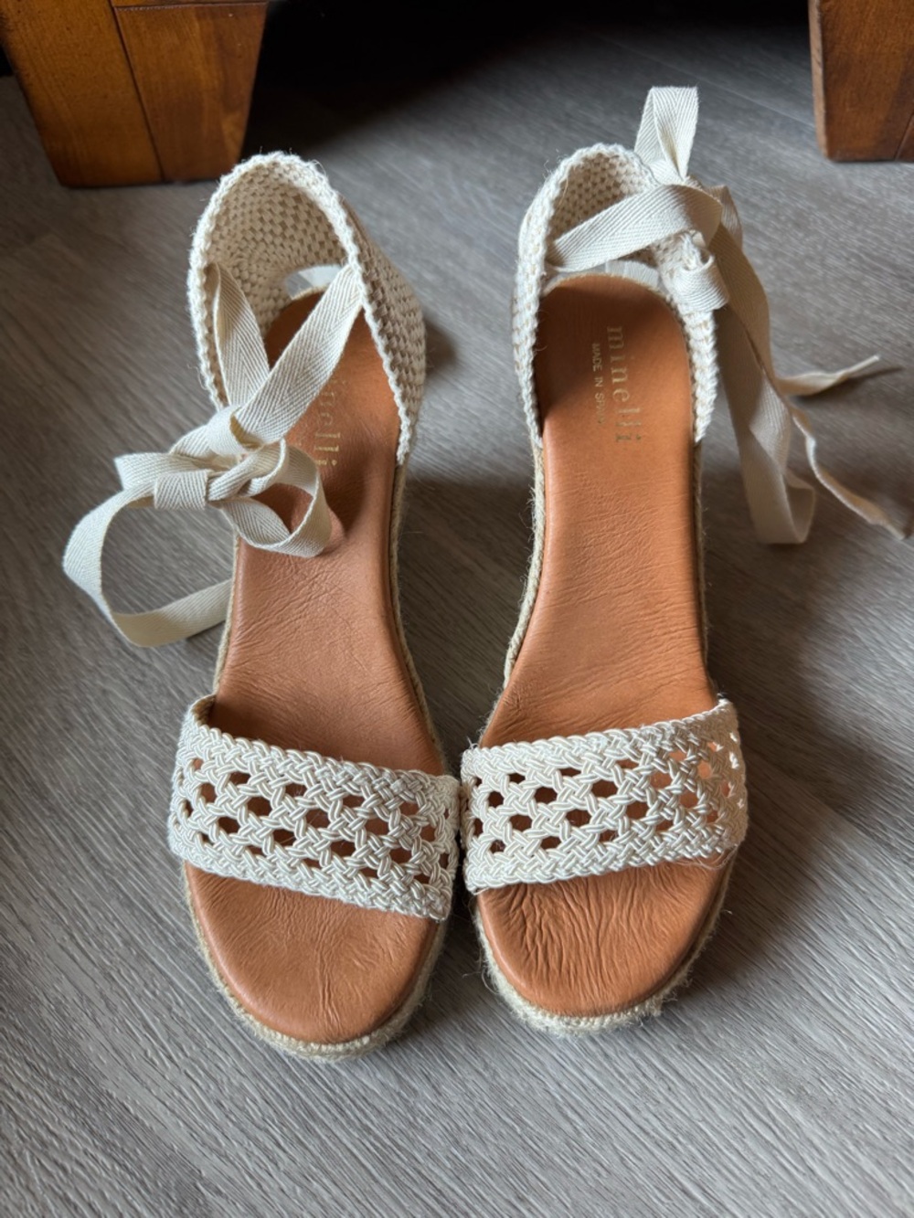 Minelli Cream Woven Espadrille Wedge Sandals with Ankle Ties